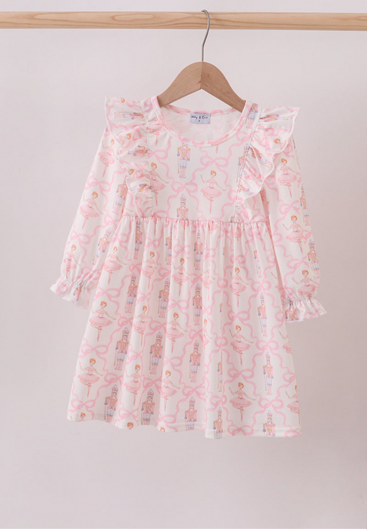 Pink nutcracker print ruffle dress