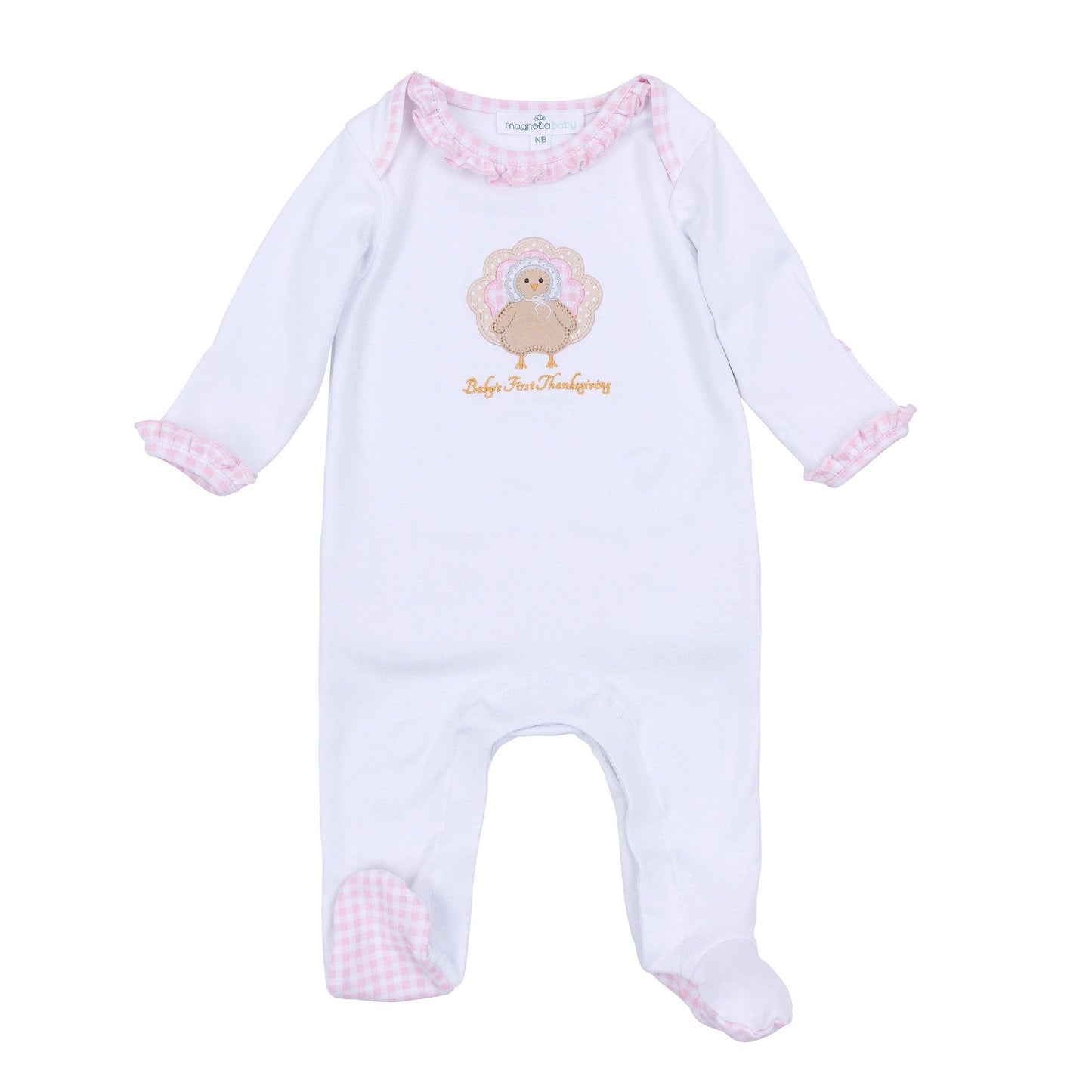 Pilgrim Pals Applique Baby's First Thanksgiving Ruffle Lap Footie - Pink