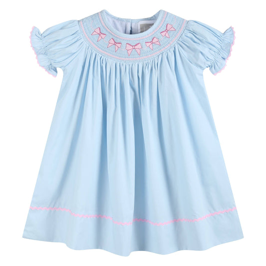 Blue and Pink Bow Smocked Bishop Dress