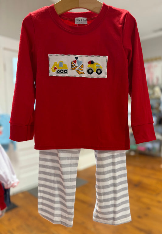 Red Construction Embroidery Stripe Pants Set