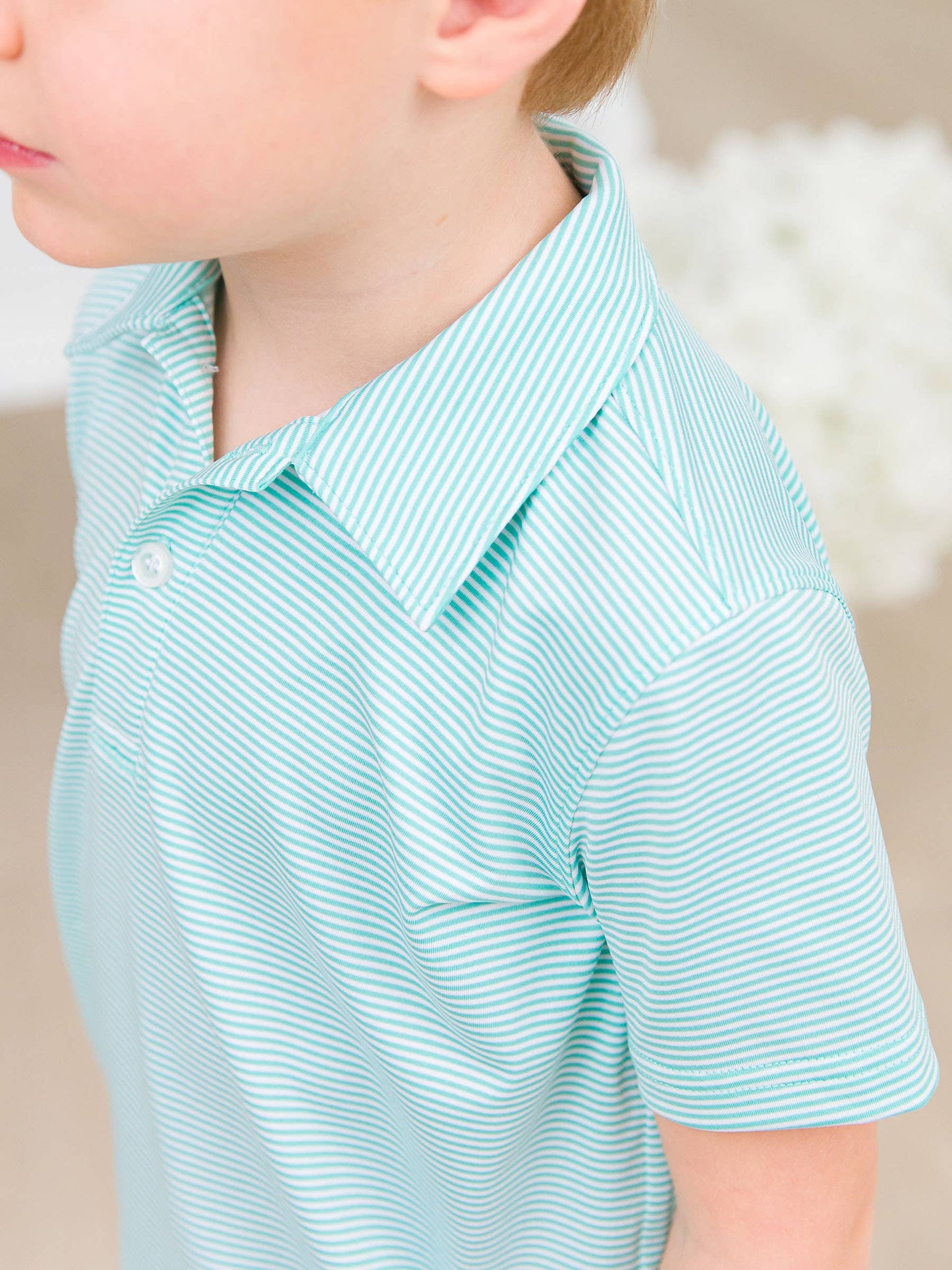 Boys Marine Green Micro Stripe Knit Short Sleeve Performance Polo