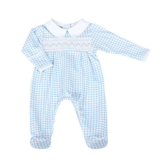 Mini Checks Smocked Collared Footie - Blue: Blue