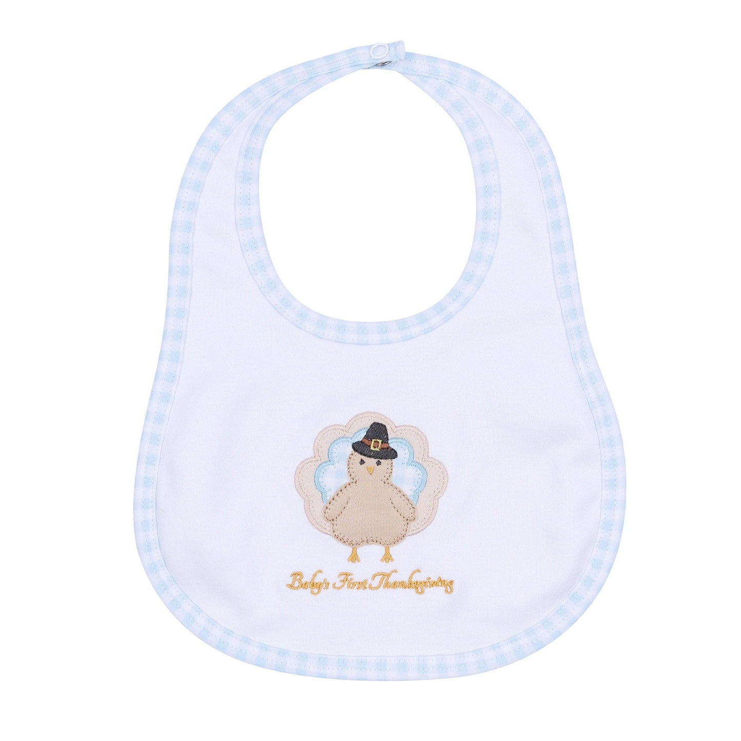Pilgrim Pals Applique Baby's First Thanksgiving Bib - Light Blue: One Size