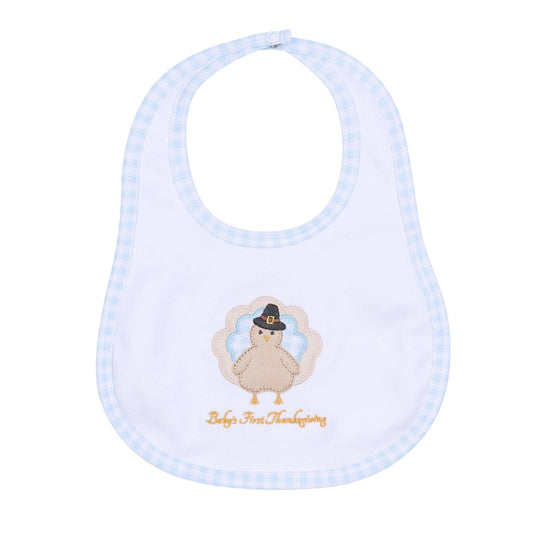 Pilgrim Pals Applique Baby's First Thanksgiving Bib - Light Blue: One Size