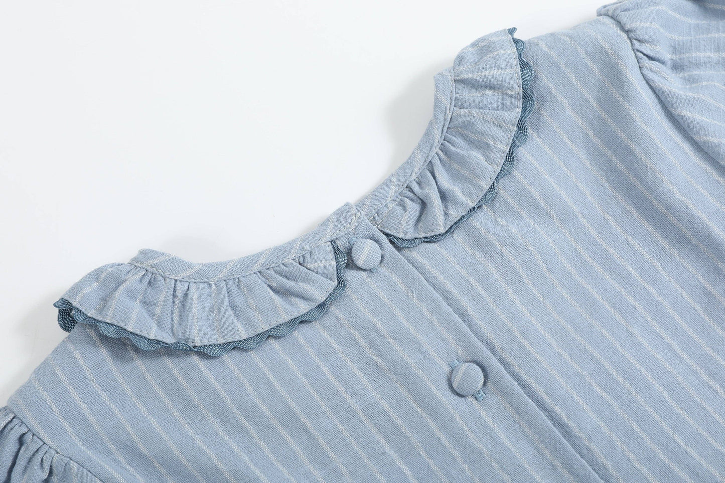 Light Blue Pinstripe Smocked Ruffle Dress