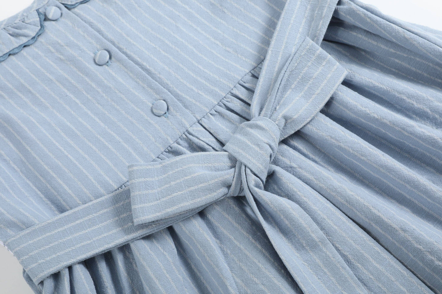 Light Blue Pinstripe Smocked Ruffle Dress