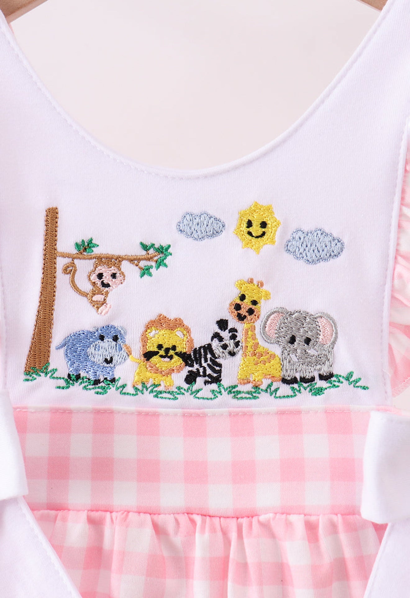 Pink zoo embroidery gingham ruffle bubble