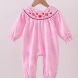 Pink heart smocked gingham romper