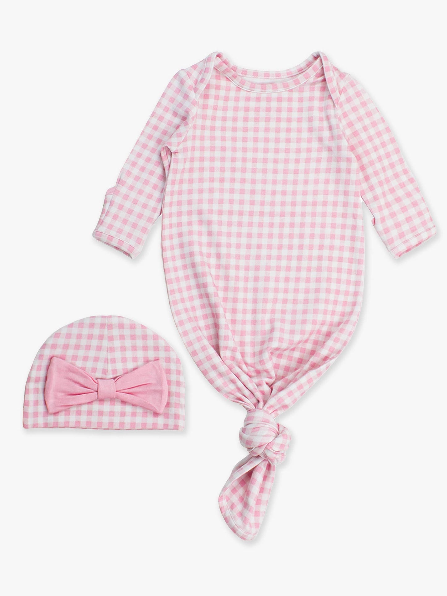 Baby Girls Pink Gingham Modal Blend Ruffle Knotted Sleep Gown & Hat Set
: Pink