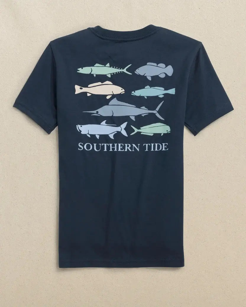 Youth SS Fish Stamp Tee: Dress Blue