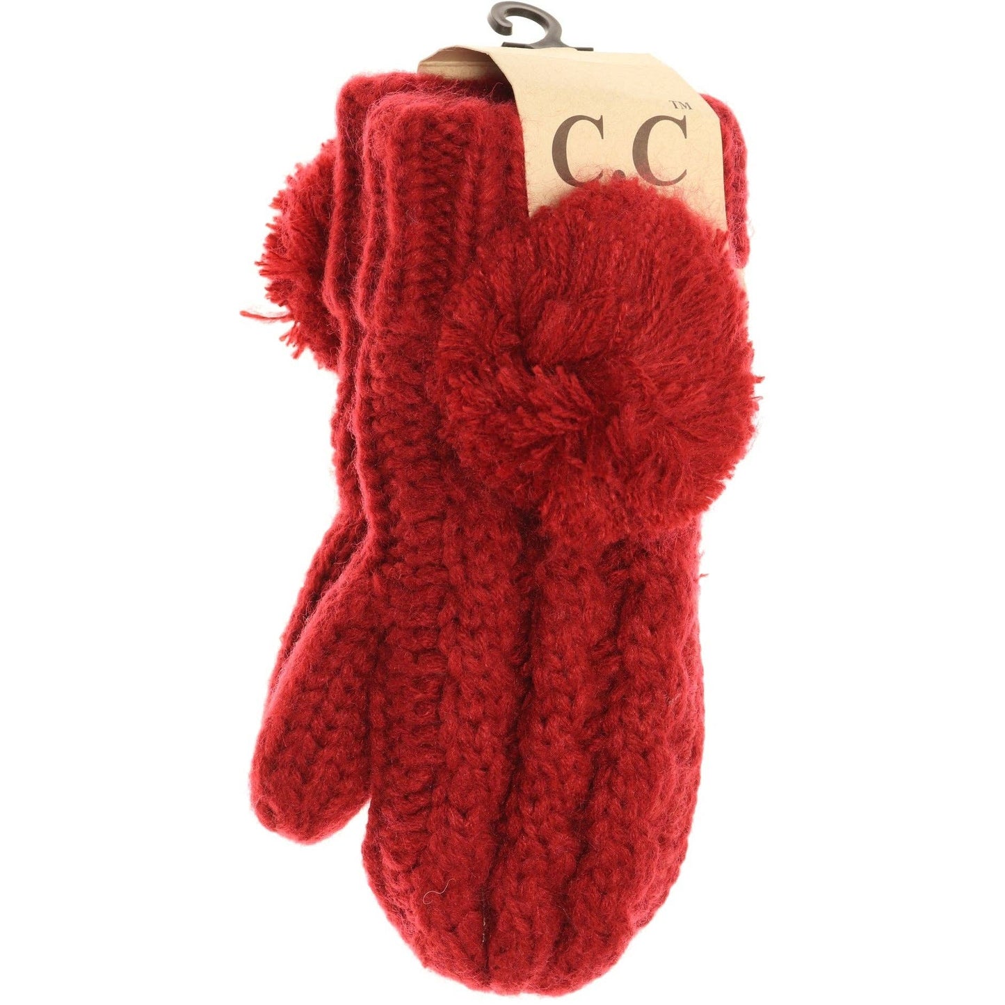 Kids CC Solid Pom Fuzzy Lined Mittens: Red