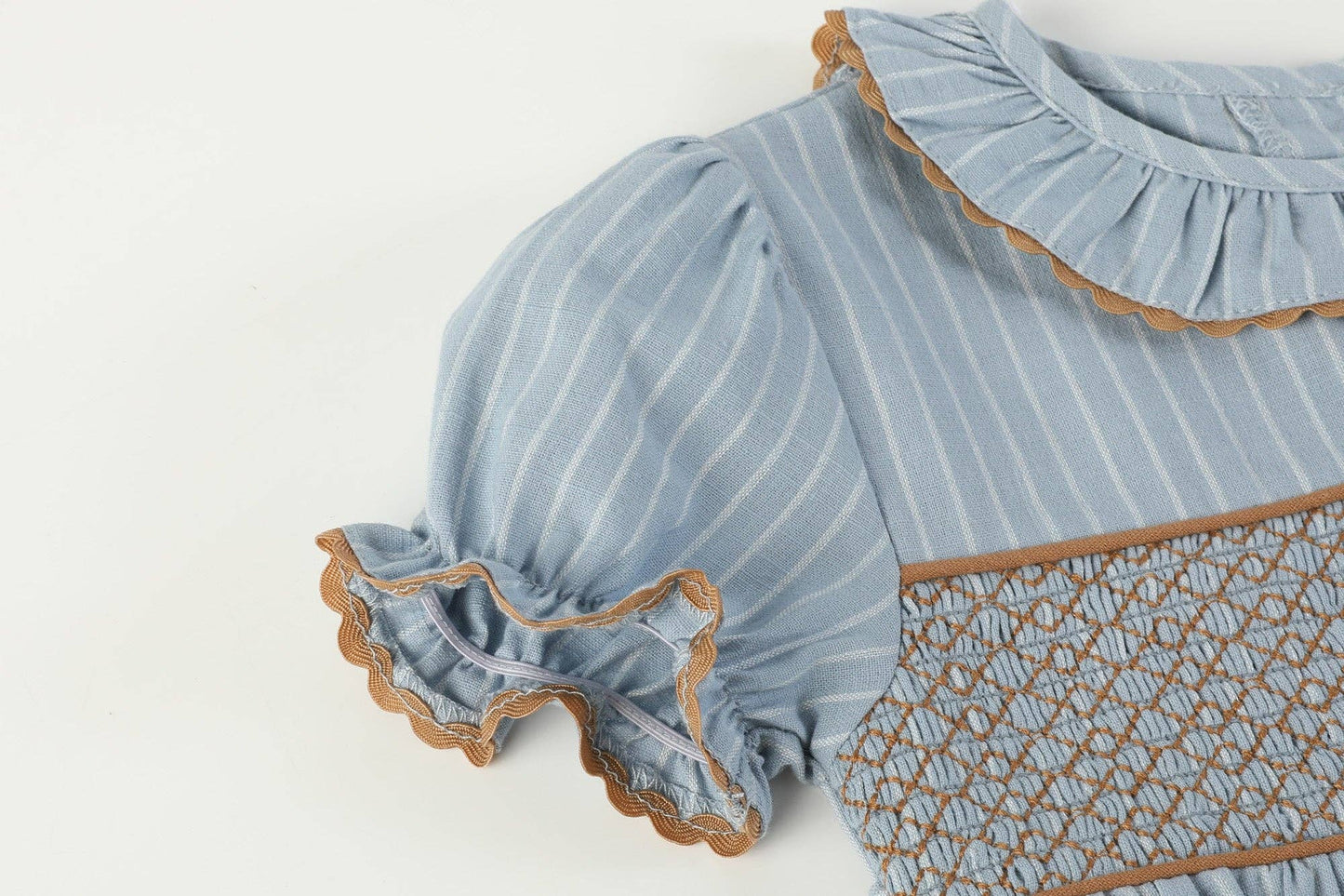 Blue Pinstripe Brown Smocked Ruffle Collar Dress