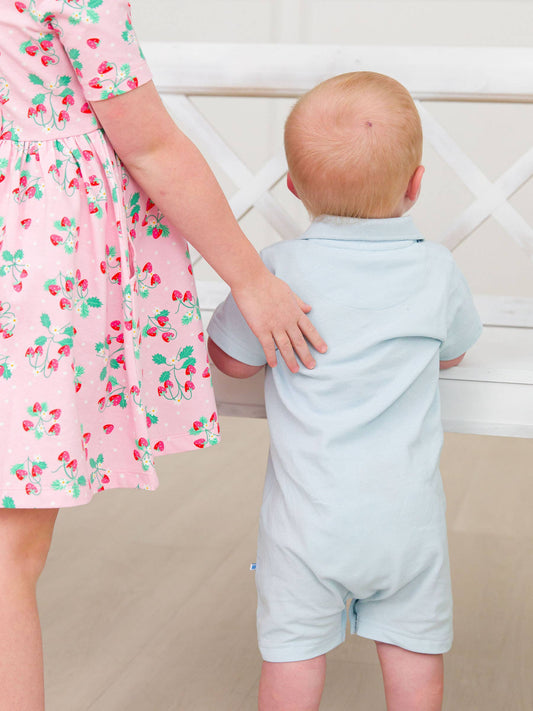 Baby Boys Light Blue Pique Polo Romper: Blue