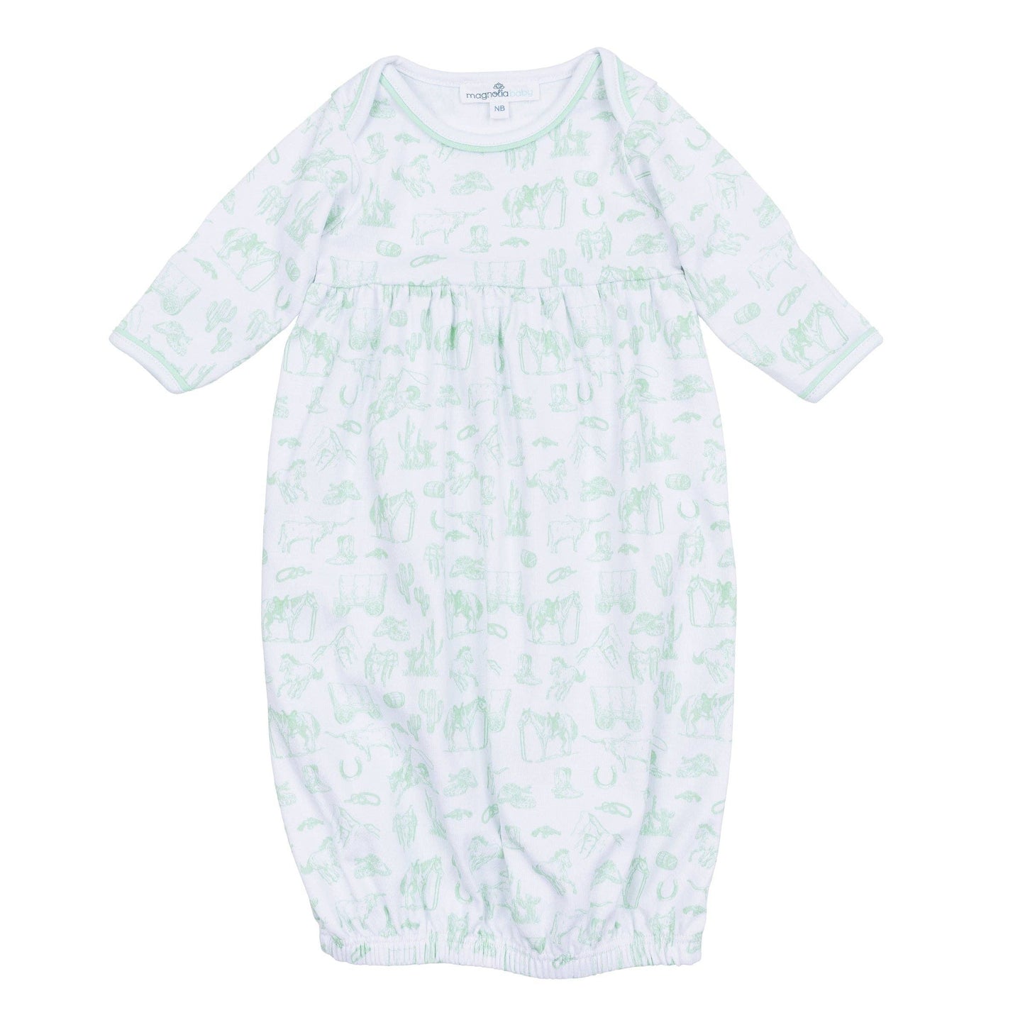 Wild West Toile Gathered Gown - Celery: Newborn