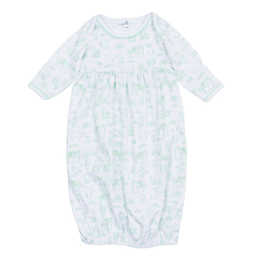 Wild West Toile Gathered Gown - Celery: Newborn