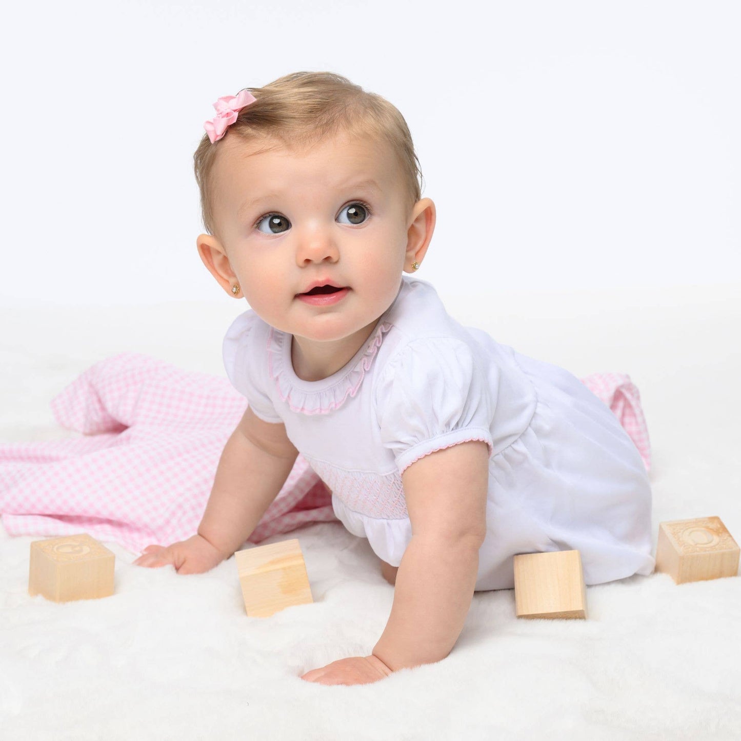 Essentials Solid Smocked Bubble - White Pink: 9 Months