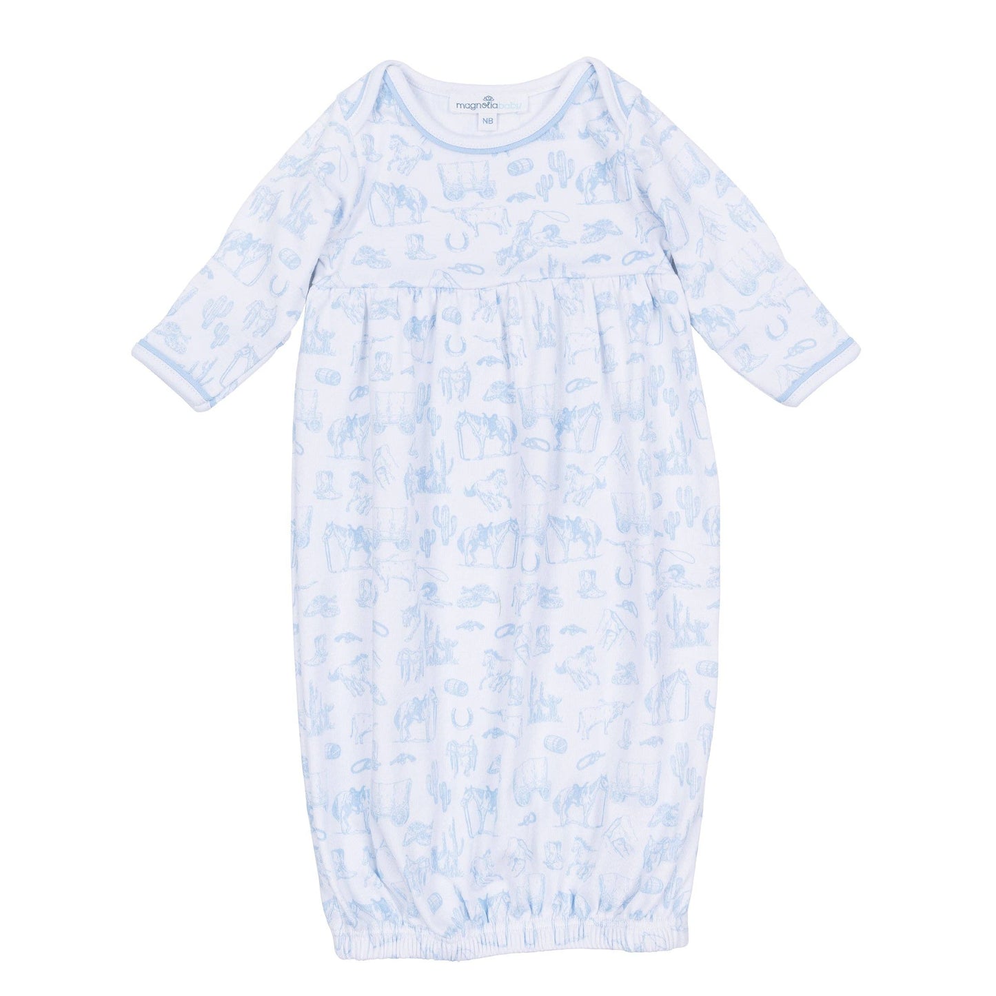 Wild West Toile Gathered Gown - Light Blue