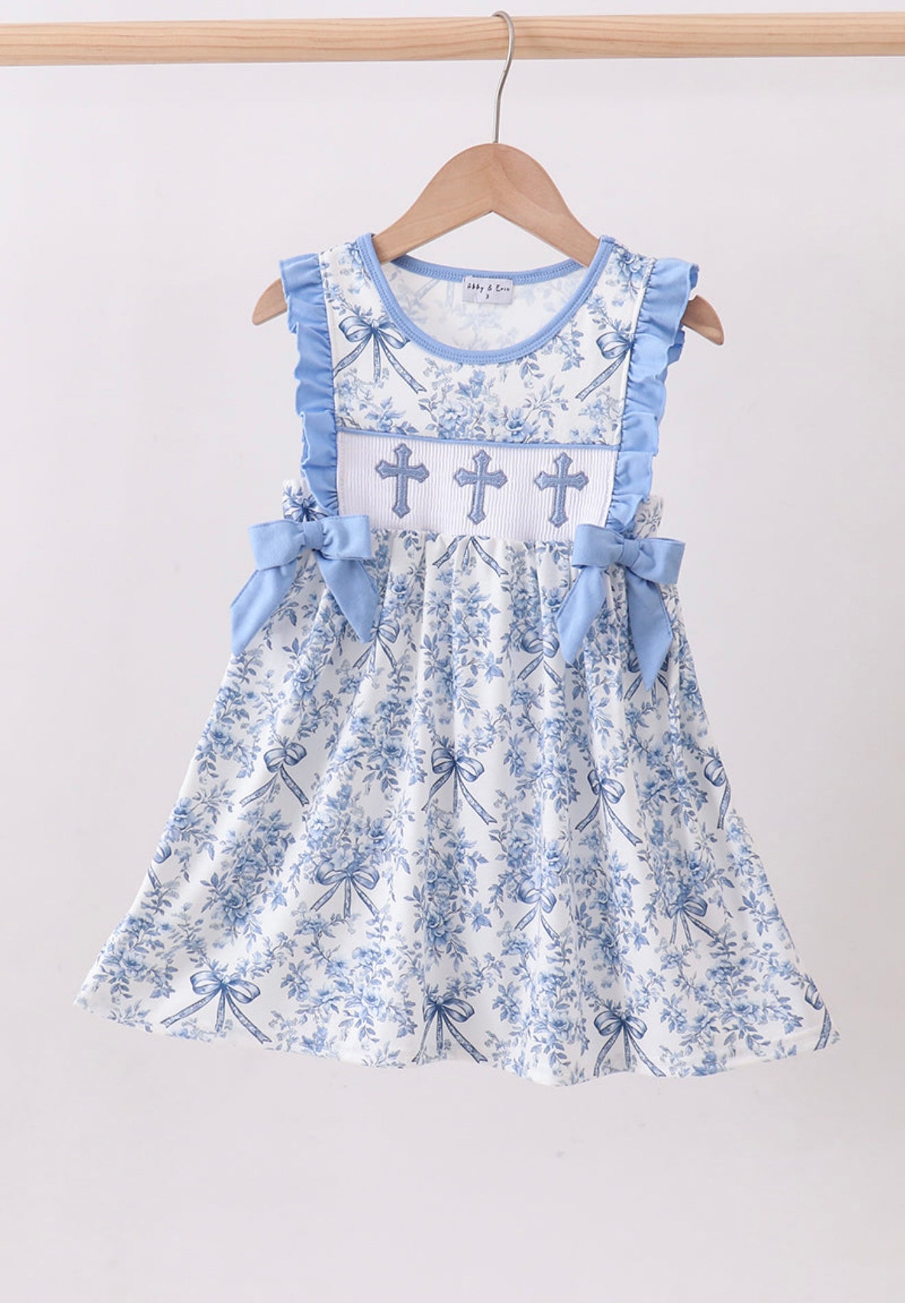 Blue floral cross smocked ruffle dress