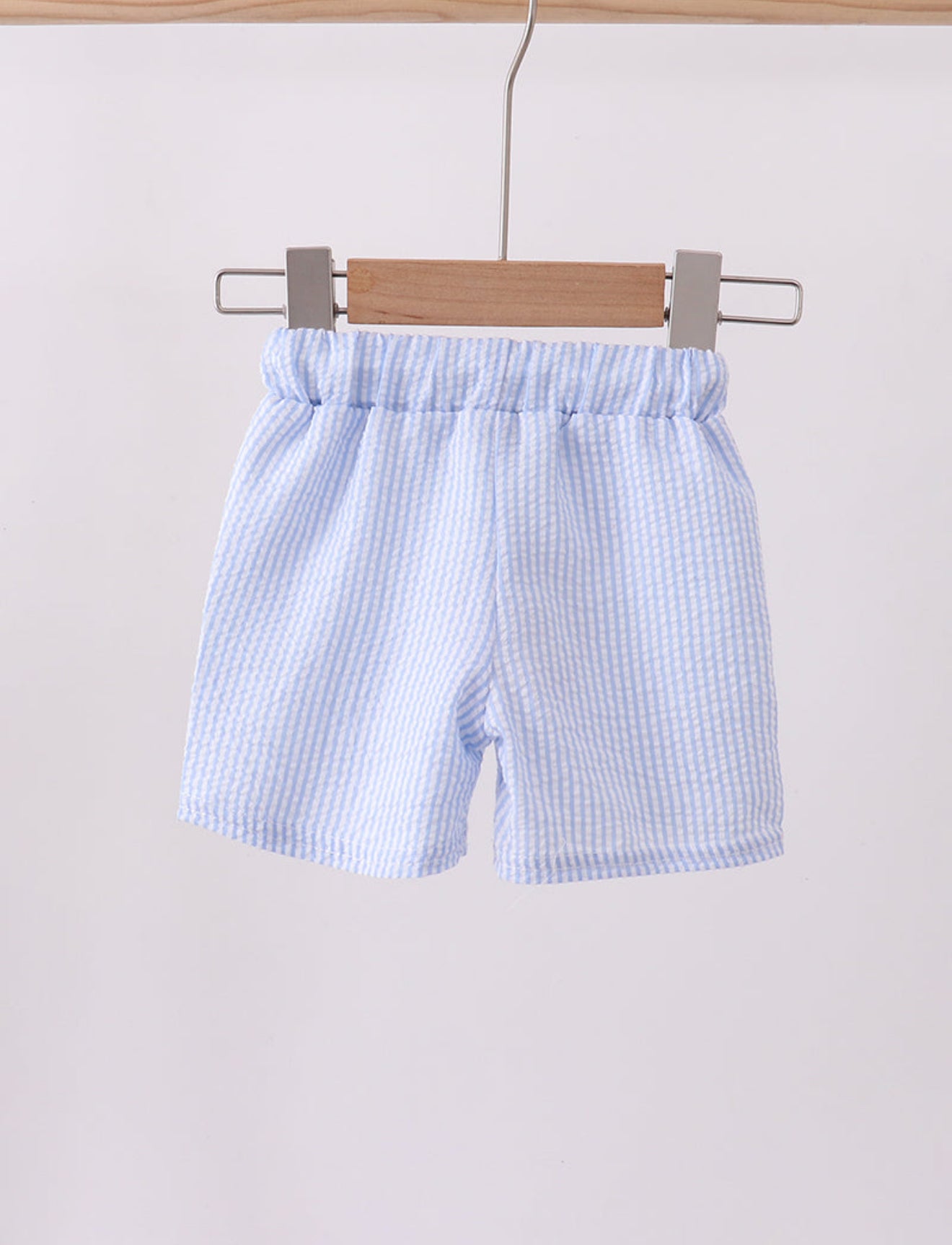 Blue stripe seersucker crab embroidery swim trunks