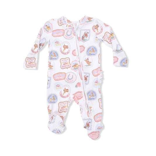 Rodeo Patches Pink - 2 Way Ruffle Back Zipper Footie
