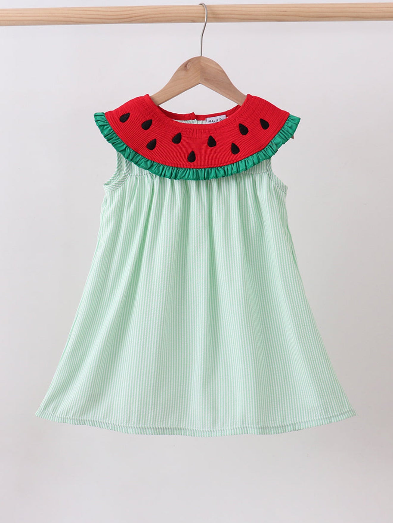 Green watermelon seersucker smocked ruffle dress