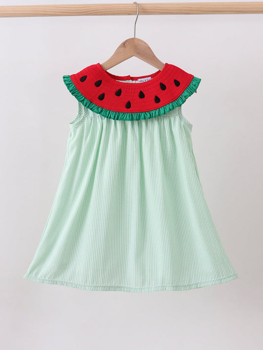 Green watermelon seersucker smocked ruffle dress