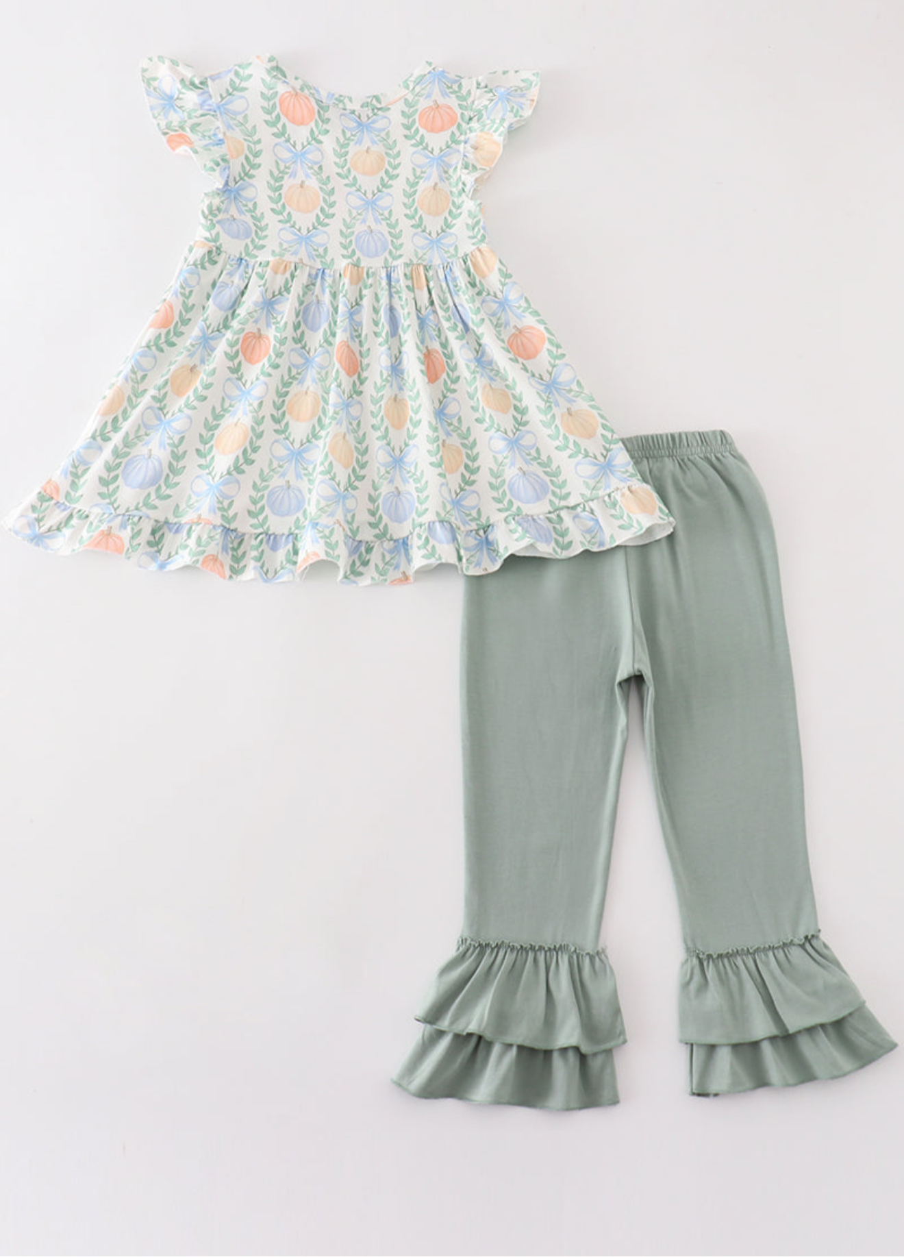 Green Bow Pumpkin Print Girl Set