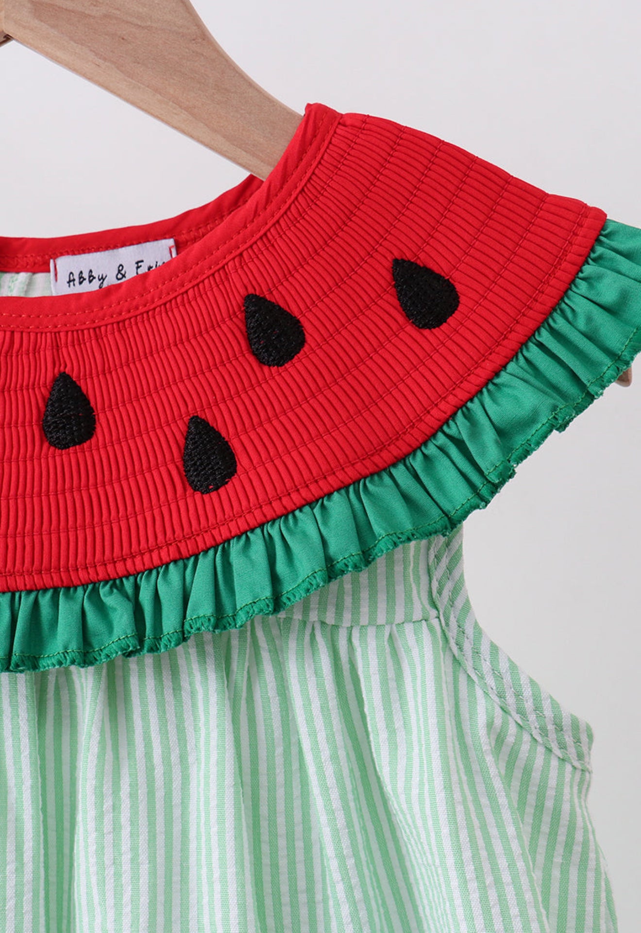Green watermelon seersucker smocked ruffle dress