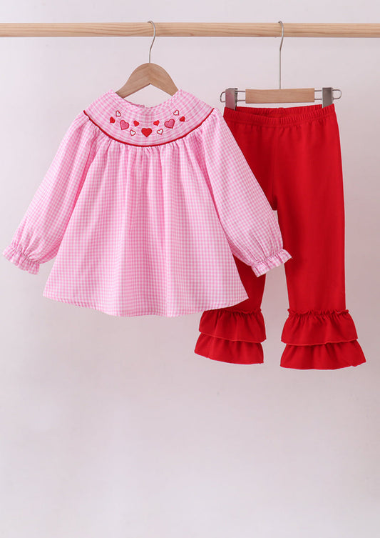 Pink heart smocked gingham ruffle pants set