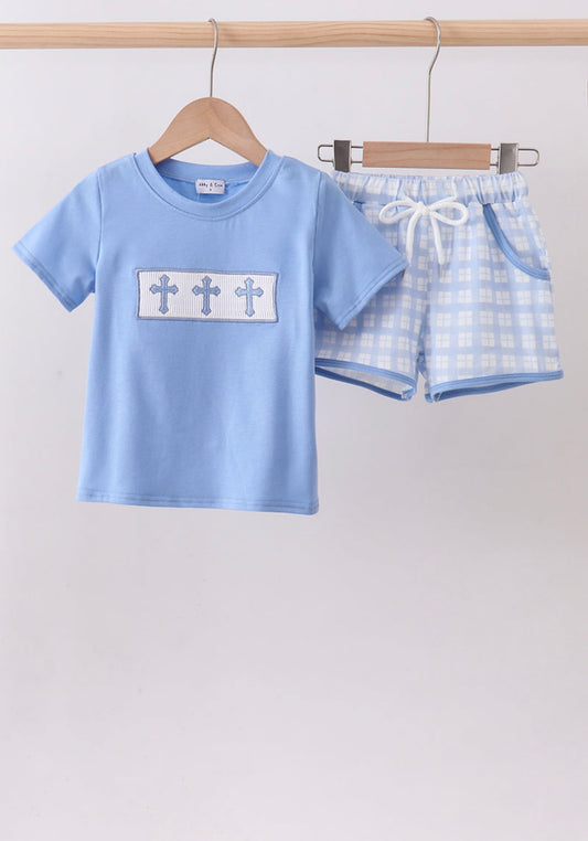 Blue cross smocked plaid shorts set