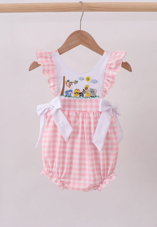 Pink zoo embroidery gingham ruffle bubble
