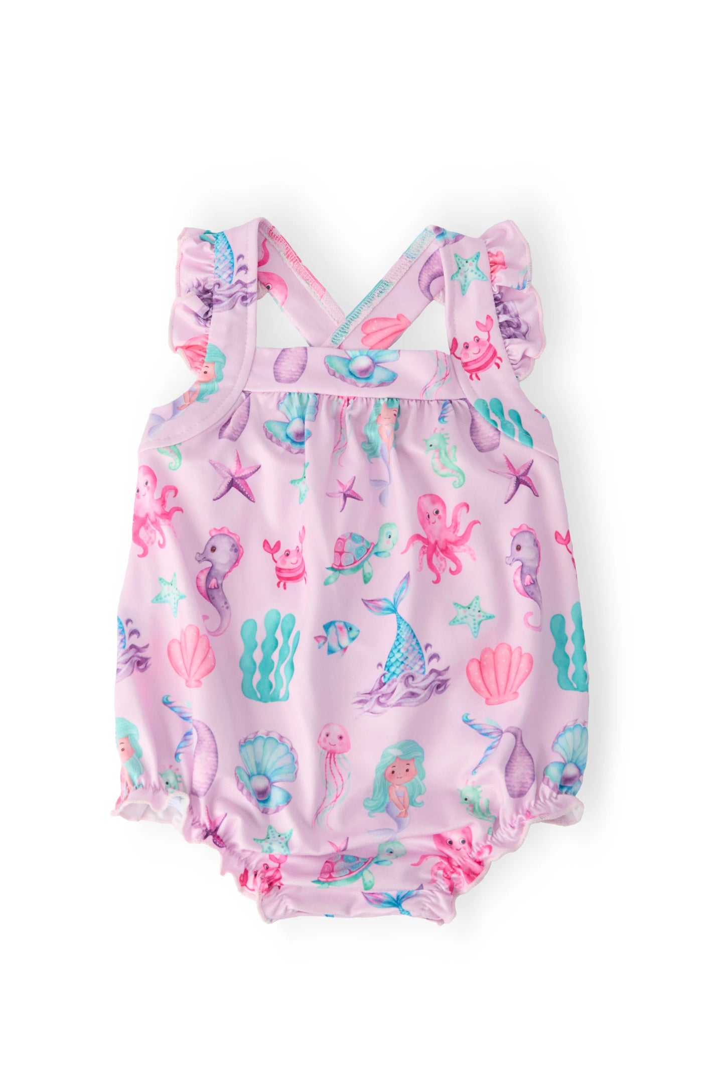 UNDER THE SEA RUFFLE CROSS BACK ROMPER