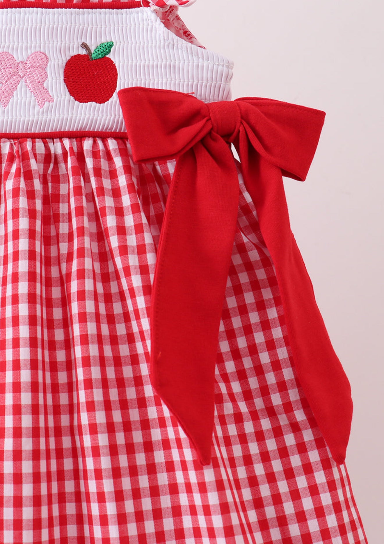 Red Apple Bow Smocked Gingham Dress