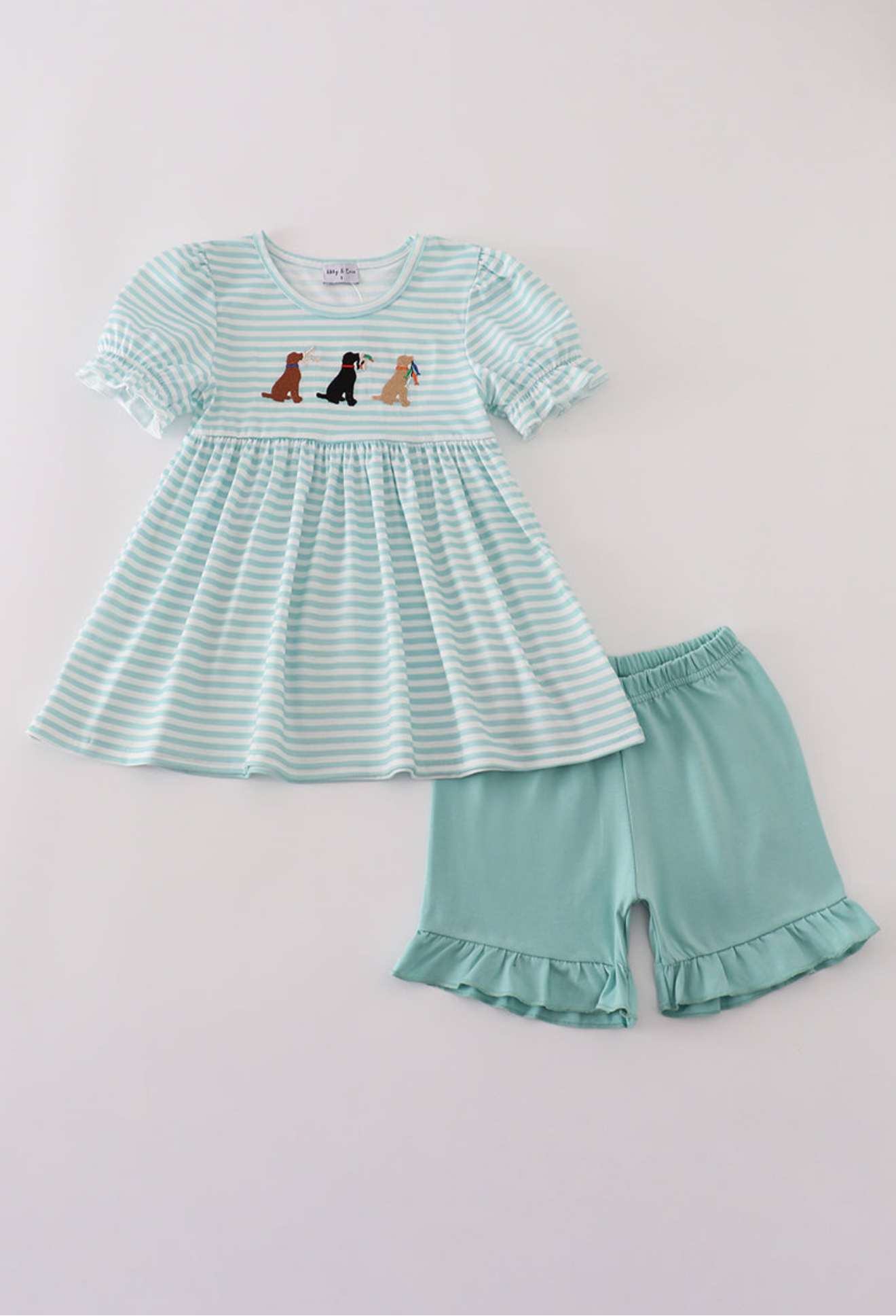Green stripe puppy hunting embroidery shorts set