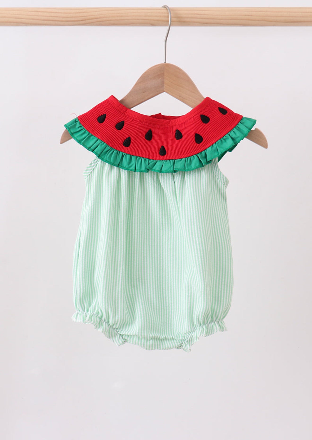 Green watermelon seersucker smocked ruffle bubble