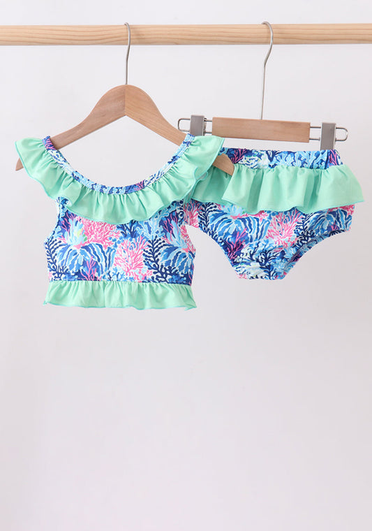 Blue marine creature print ruffle 2pc swimsuit