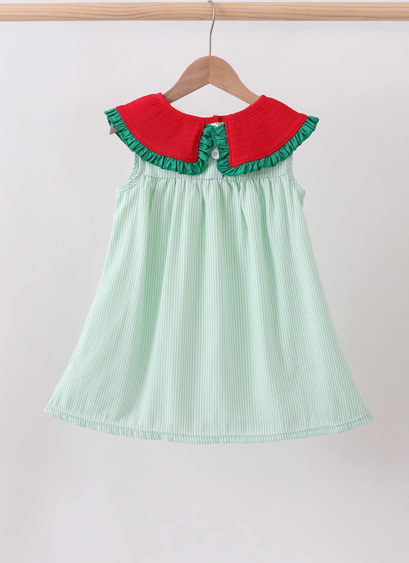 Green watermelon seersucker smocked ruffle dress