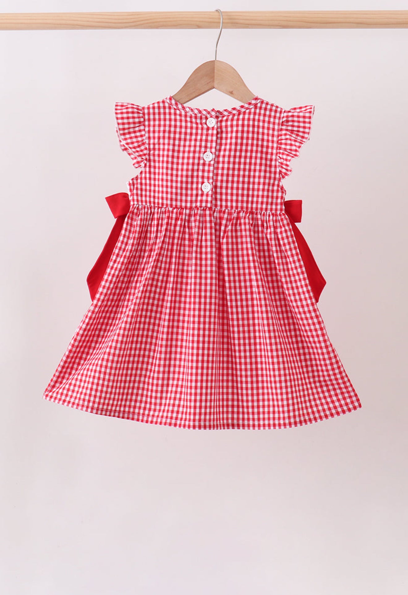 Red Apple Bow Smocked Gingham Dress