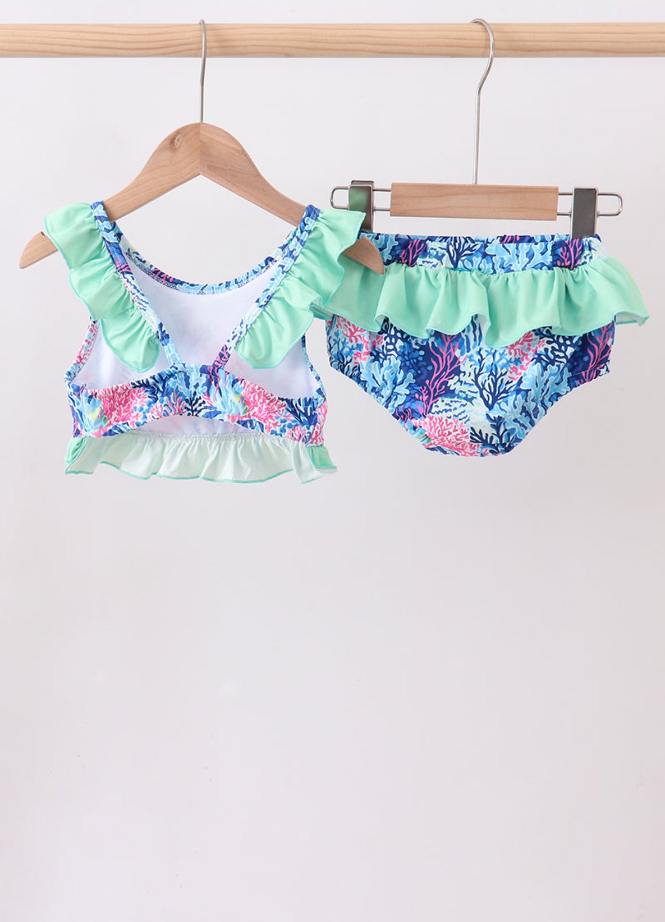 Blue marine creature print ruffle 2pc swimsuit