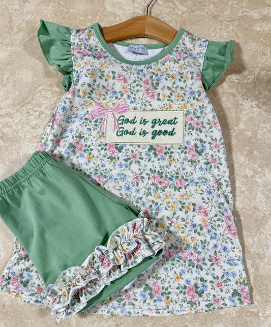 Green floral print bow ruffle shorts set