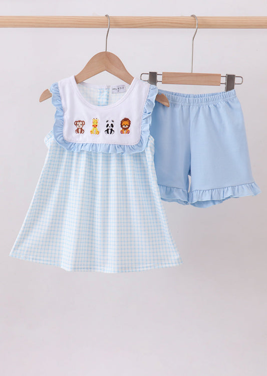 Blue zoo animal embroidery gingham ruffle shorts set