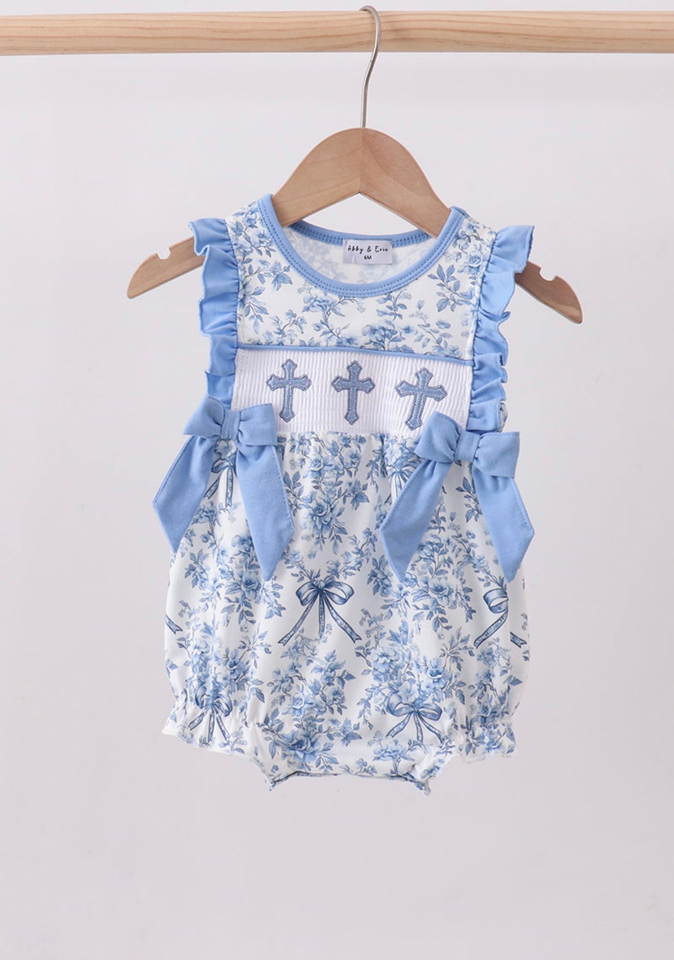 Blue floral cross smocked ruffle bubble