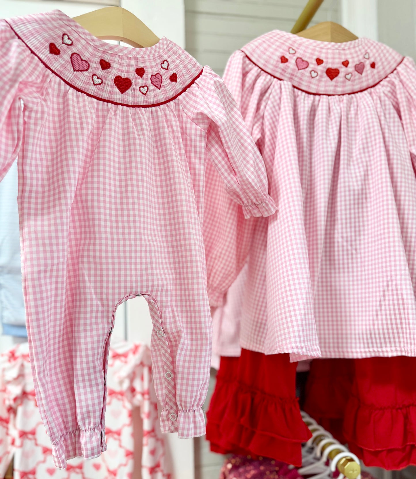Pink heart smocked gingham romper