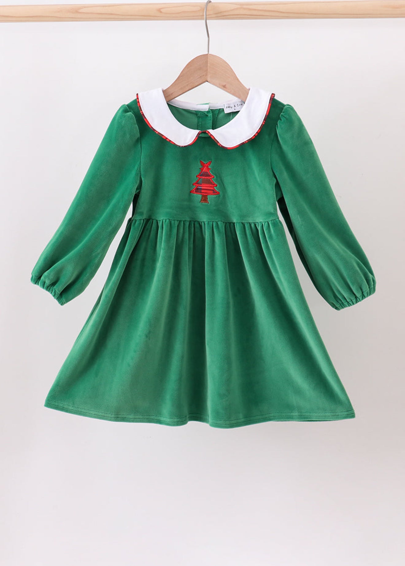Green christmas tree applique velvet dress