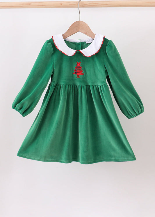 Green christmas tree applique velvet dress