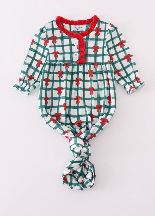 Green bow plaid ruffle gown - One Size