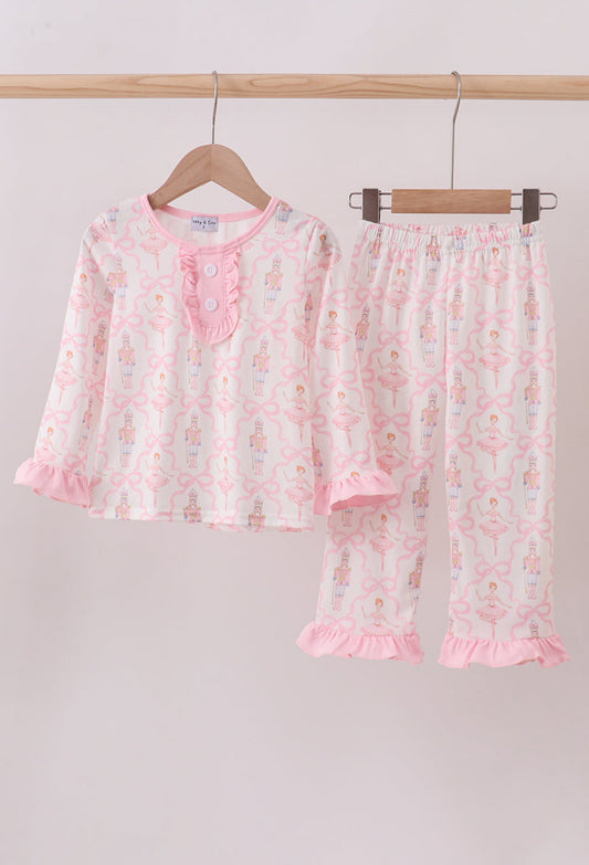 Pink nutcracker print ruffle pajamas set