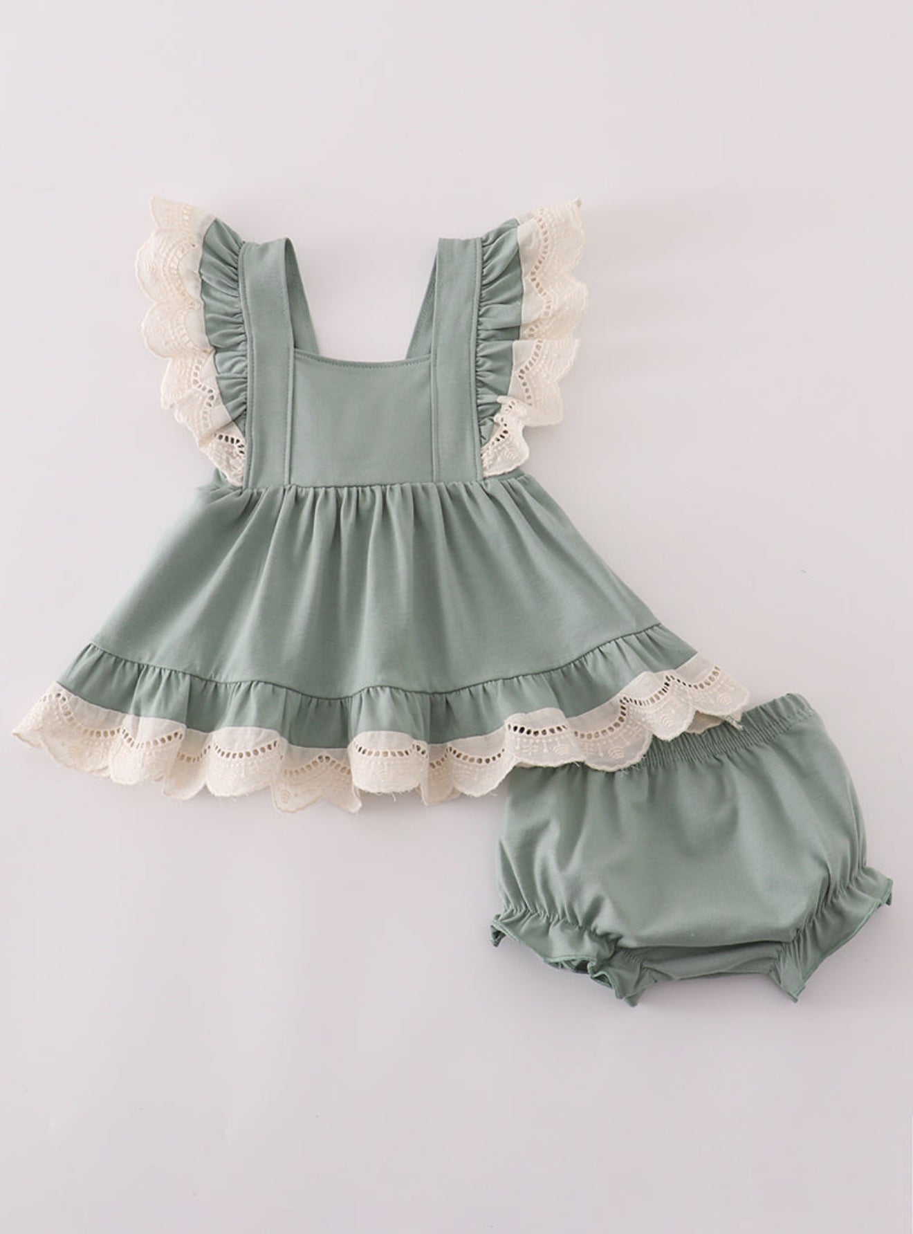 Sage lace ruffle bloomer set