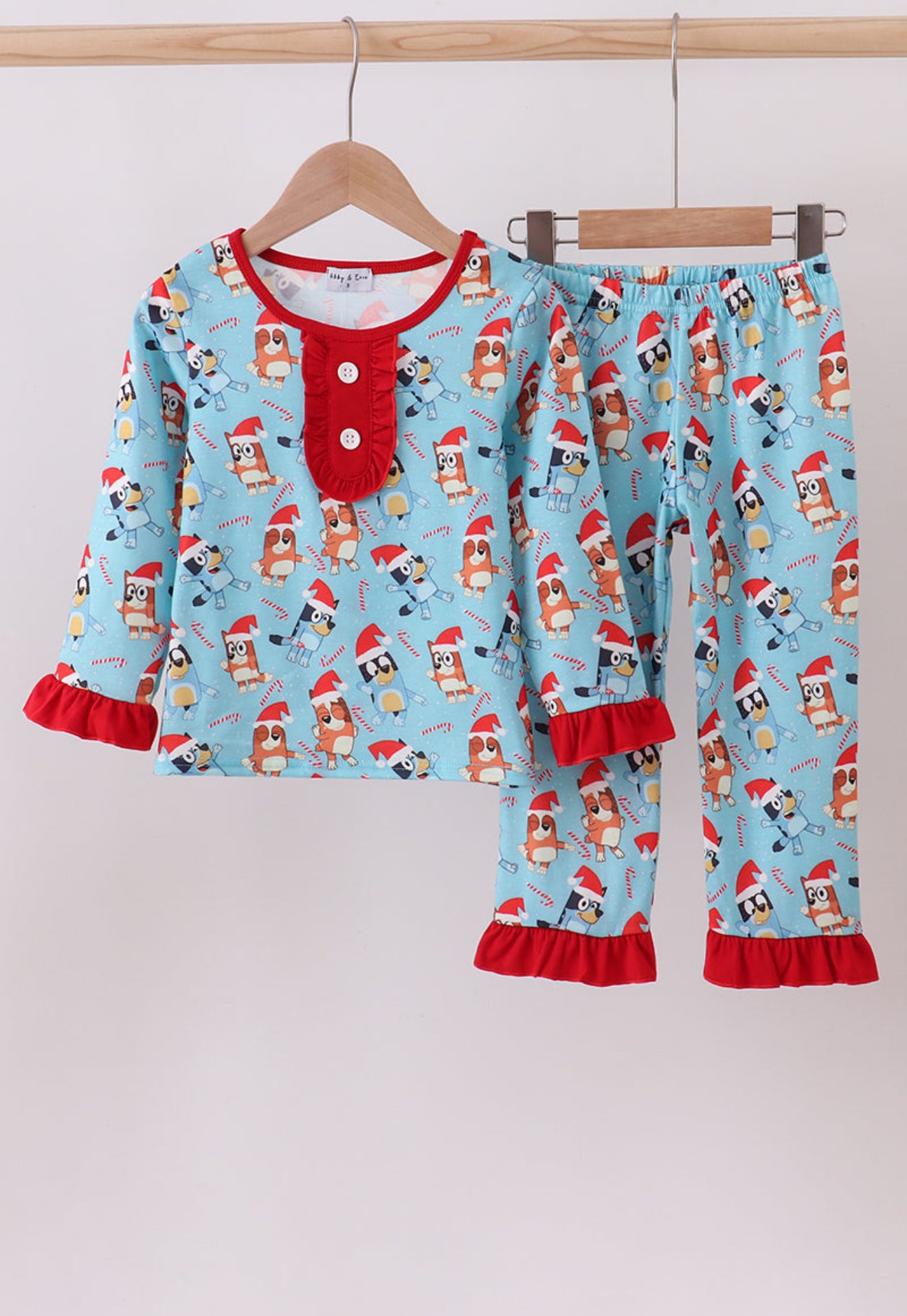 Blue Christmas character print ruffle pajamas set