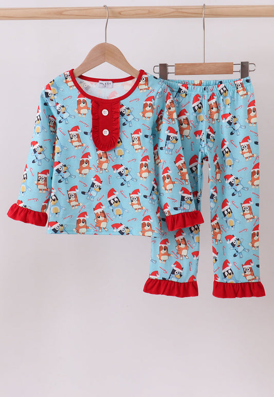 Blue Christmas character print ruffle pajamas set